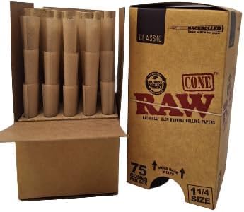 RAW Classic 1 1/4 Pre Roll Cones Unbleached - 75 Cones Per Box