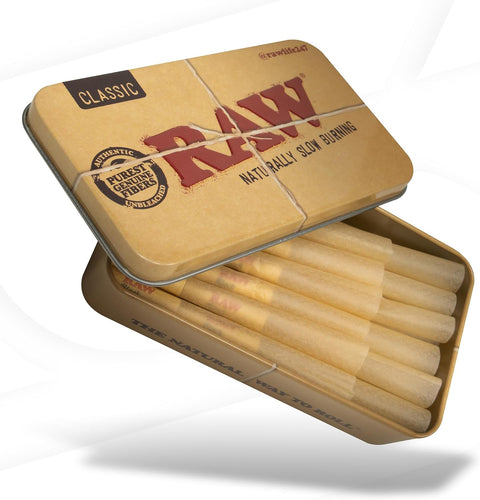 Experience genuine RAW quality, convenience, and a slow-burning delight. These 20 RAW 70/45 Prerolled Cones, complete with tips and packing tubes, await you in a metal container. Discover RAW's Classic Series at Vape Bazaar, your trusted #1 Online Vape & Smoke Shop.