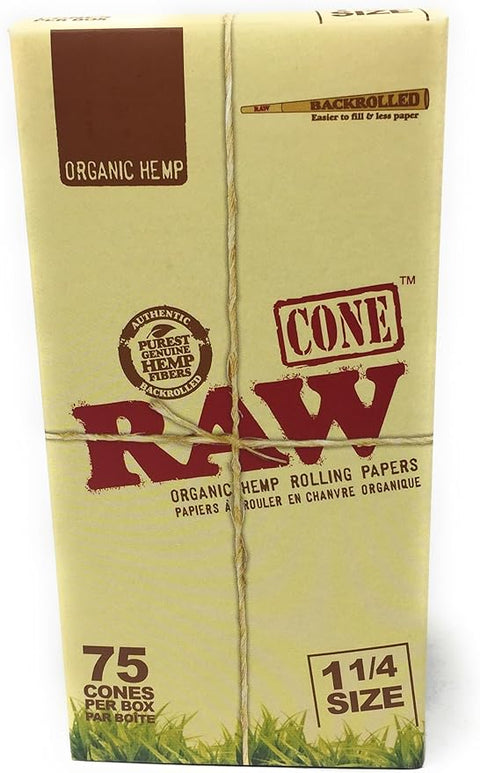 RAW Organic Hemp 1 1/4 Pre Roll Cones Unbleached - 75 Cones Per Box