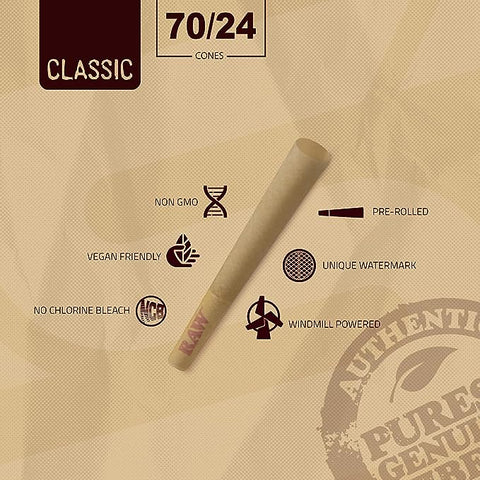 Discover simplicity and purity in RAW Single 70/24 Cones 20 Pack. Each cone, holding around 0.5 grams, offers a clean, natural RAW experience. Embrace effortless, single-use enjoyment—no rolling needed. Buy now at Vape Bazaar, your trusted #1 Online Vape & Smoke Shop.