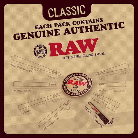 Experience genuine RAW quality, convenience, and a slow-burning delight. These 20 RAW 70/45 Prerolled Cones, complete with tips and packing tubes, await you in a metal container. Discover RAW's Classic Series at Vape Bazaar, your trusted #1 Online Vape & Smoke Shop.