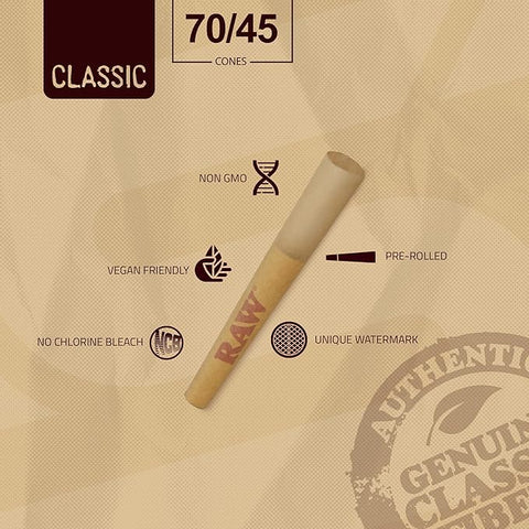 Experience genuine RAW quality, convenience, and a slow-burning delight. These 20 RAW 70/45 Prerolled Cones, complete with tips and packing tubes, await you in a metal container. Discover RAW's Classic Series at Vape Bazaar, your trusted #1 Online Vape & Smoke Shop.